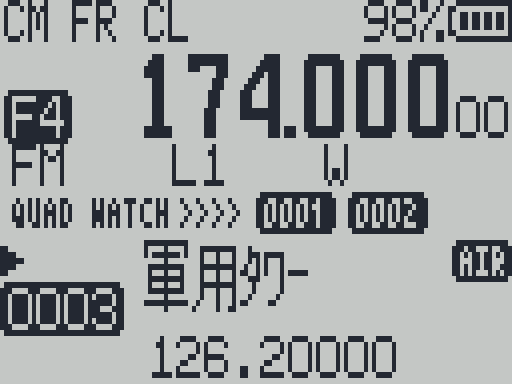 全波受信で待ち受けているメイン画面。QUAD WATCH と >>>>、見張っている優先チャンネル 0001 と 0002 が出ている